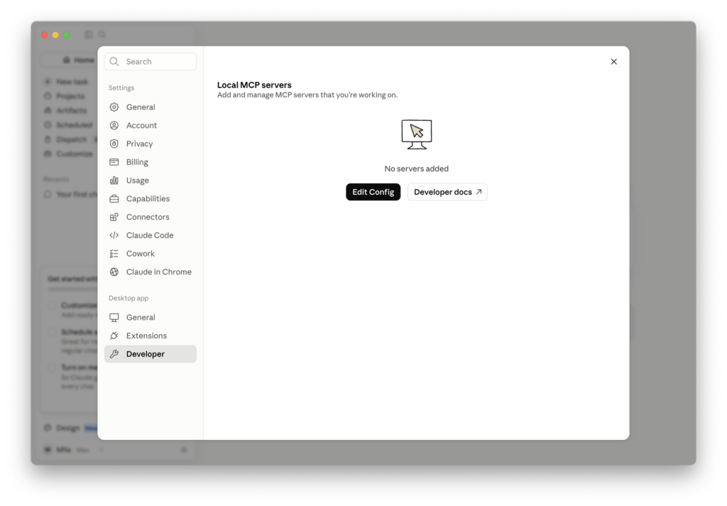 Настройки для разработчиков в приложении Claude Desktop